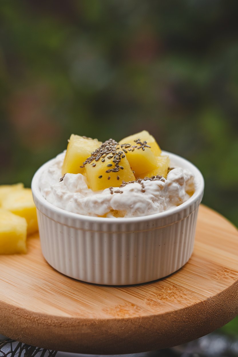 Photo — An indoor ramekin of cottage cheese topped with pineapple chunks and a sprinkle of chia seeds. No text or logos.