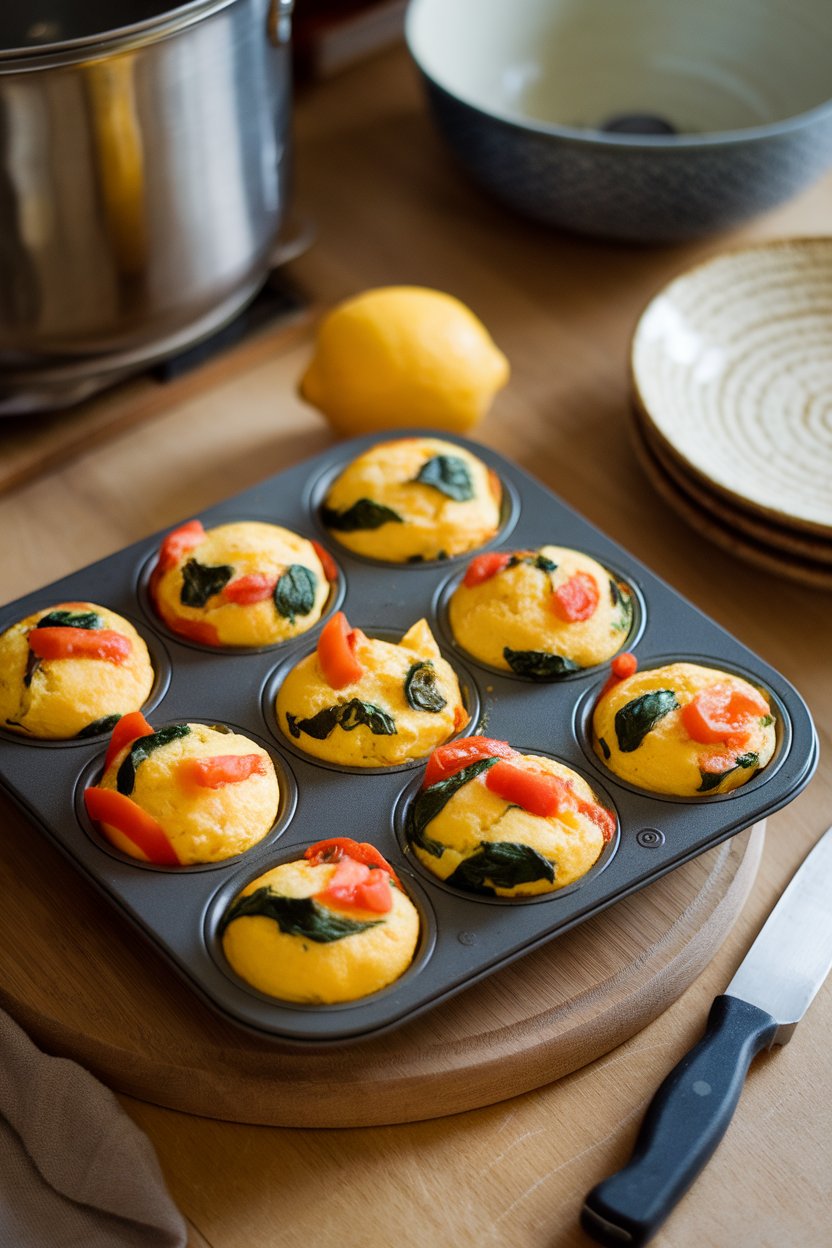 Warm indoor tabletop showing a muffin tin filled with golden egg muffins dotted with spinach, bell pepper, and tomato. No text or logos; photo.