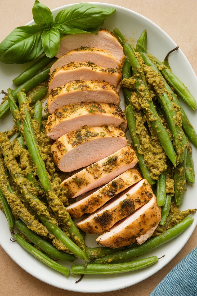 Indoor food photo of sliced chicken breast and crisp green beans coated in basil pesto on a serving platter; no text or logos.