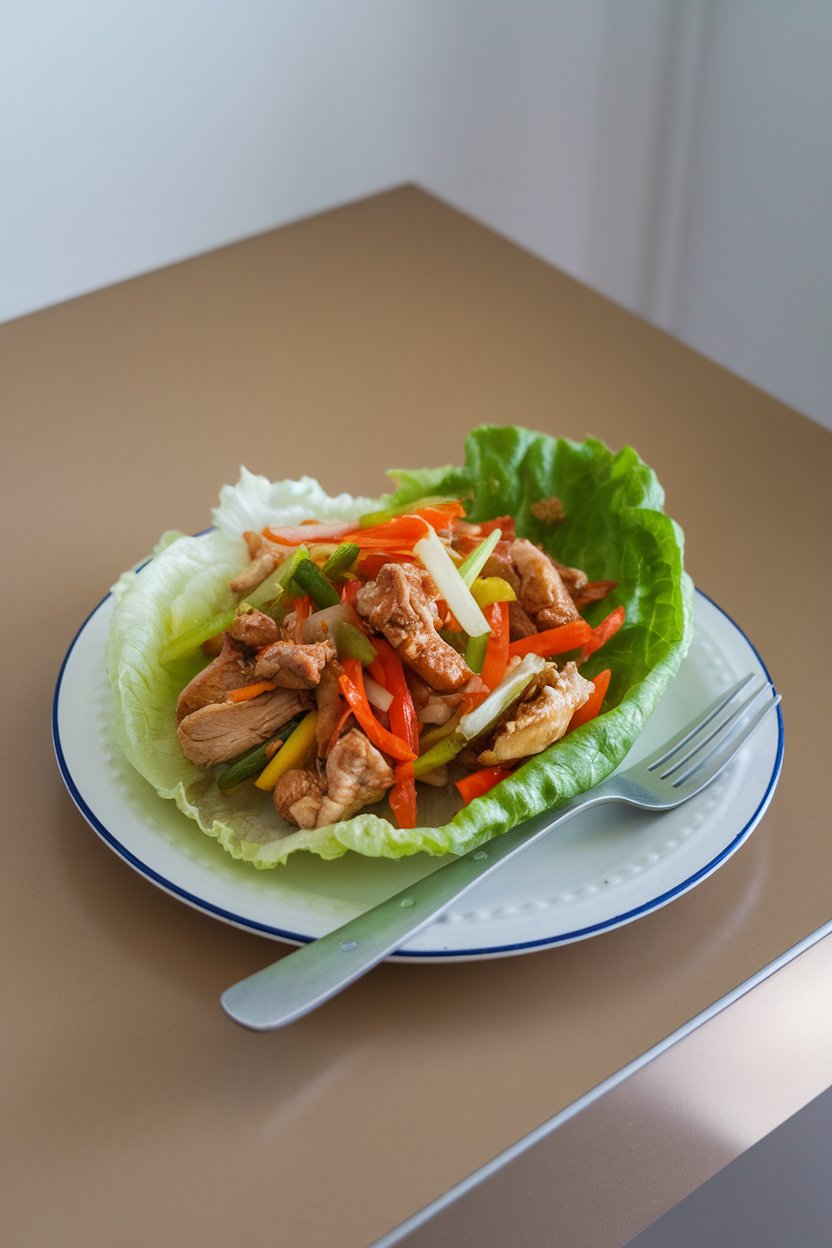 Indoor table with lettuce leaves filled with colorful stir-fried chicken and vegetables—no text or logos.