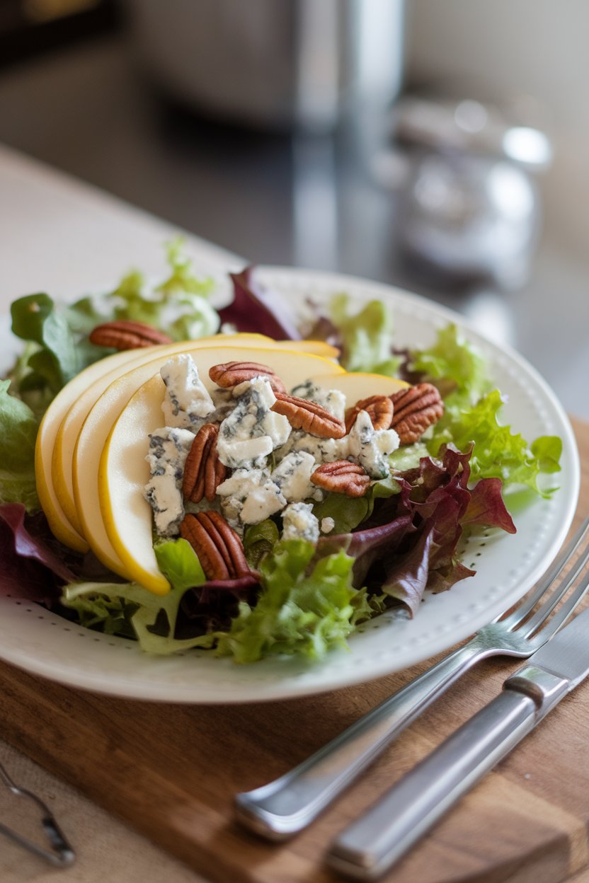 Indoor salad plate with mixed baby greens, thin pear slices, crumbled blue cheese, and toasted pecans. No text or logos visible.