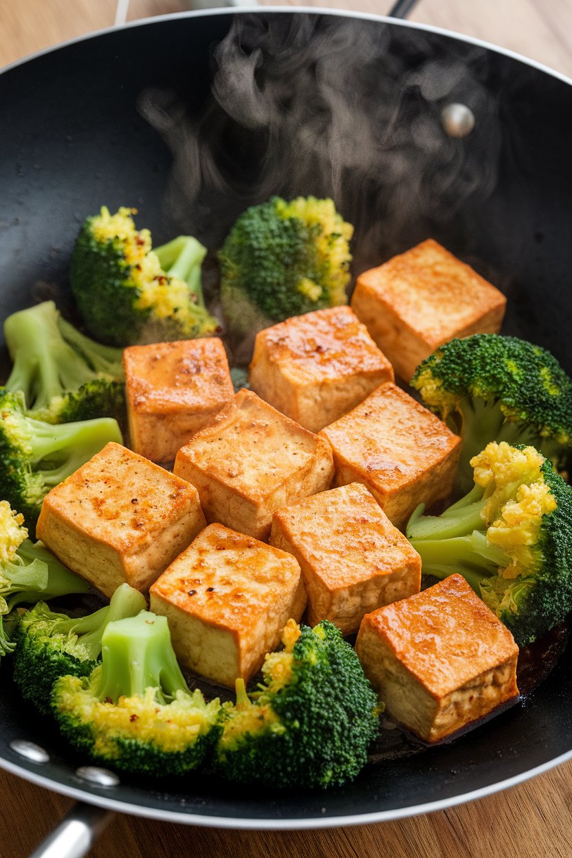 Indoor wok image with golden seared tofu cubes and bright green broccoli florets coated in a light soy-ginger sauce; steam curls upward; photo, no text or logos.