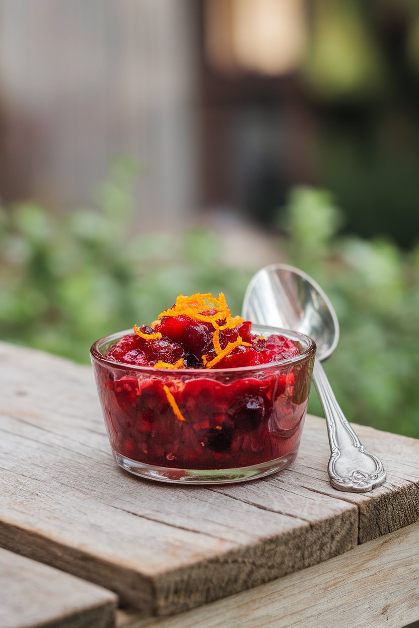 A small glass bowl indoors containing vibrant cranberry relish dotted with orange zest, a spoon resting alongside. No text or logos.