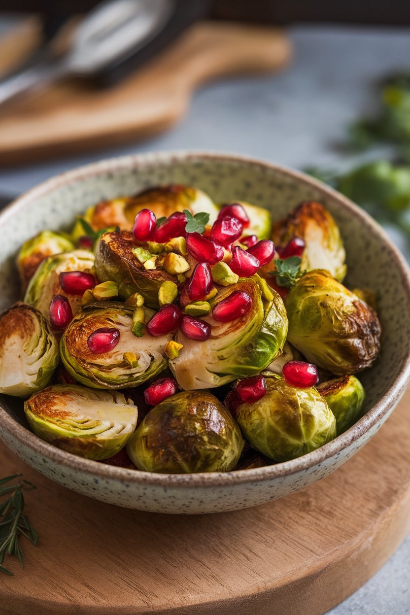 Photo prompt: Indoor serving bowl of roasted Brussels sprouts sprinkled with ruby pomegranate seeds and crushed pistachios. No text or logos visible.