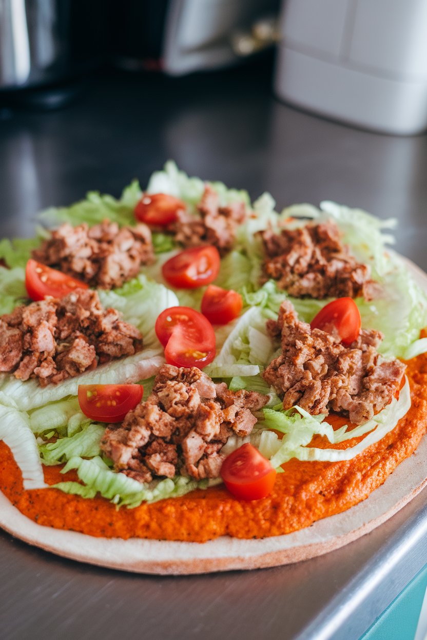 Indoor photo of orange-hued carrot-flax crust pizza topped with seasoned turkey crumbles, lettuce shreds, and diced tomato on a kitchen counter, no text or logos