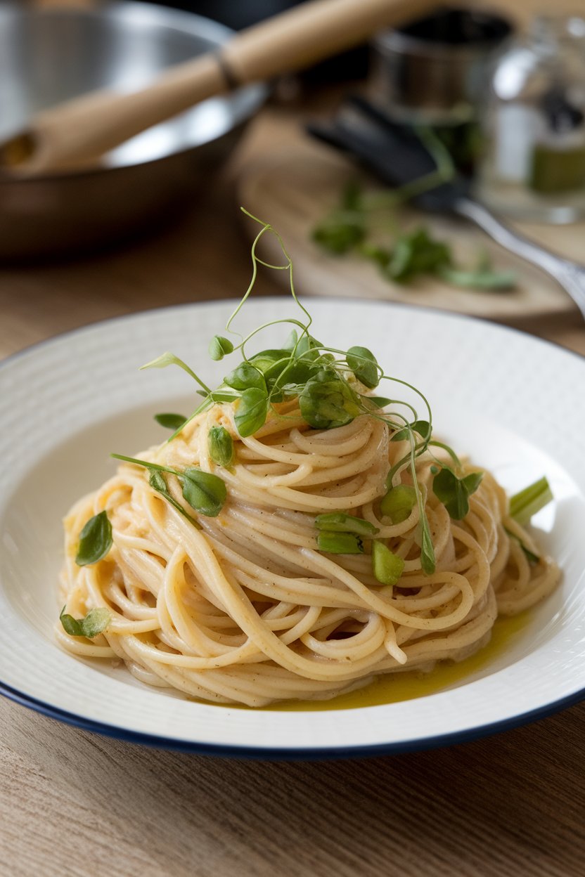 Indoor photo of spaghetti tossed with chopped garlic scapes and delicate pea shoots, olive oil glistening. No text or logos.