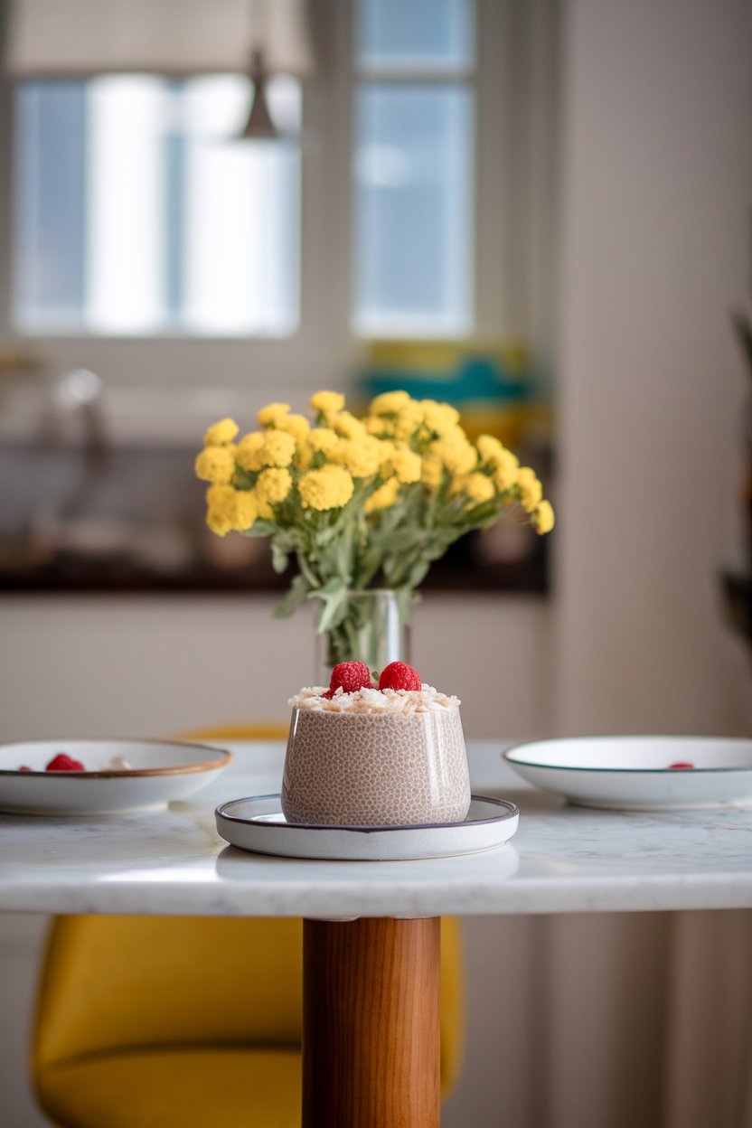 An indoor dining table with a dairy-free chia pudding topped with coconut flakes and raspberries; no text or logos. Photo.