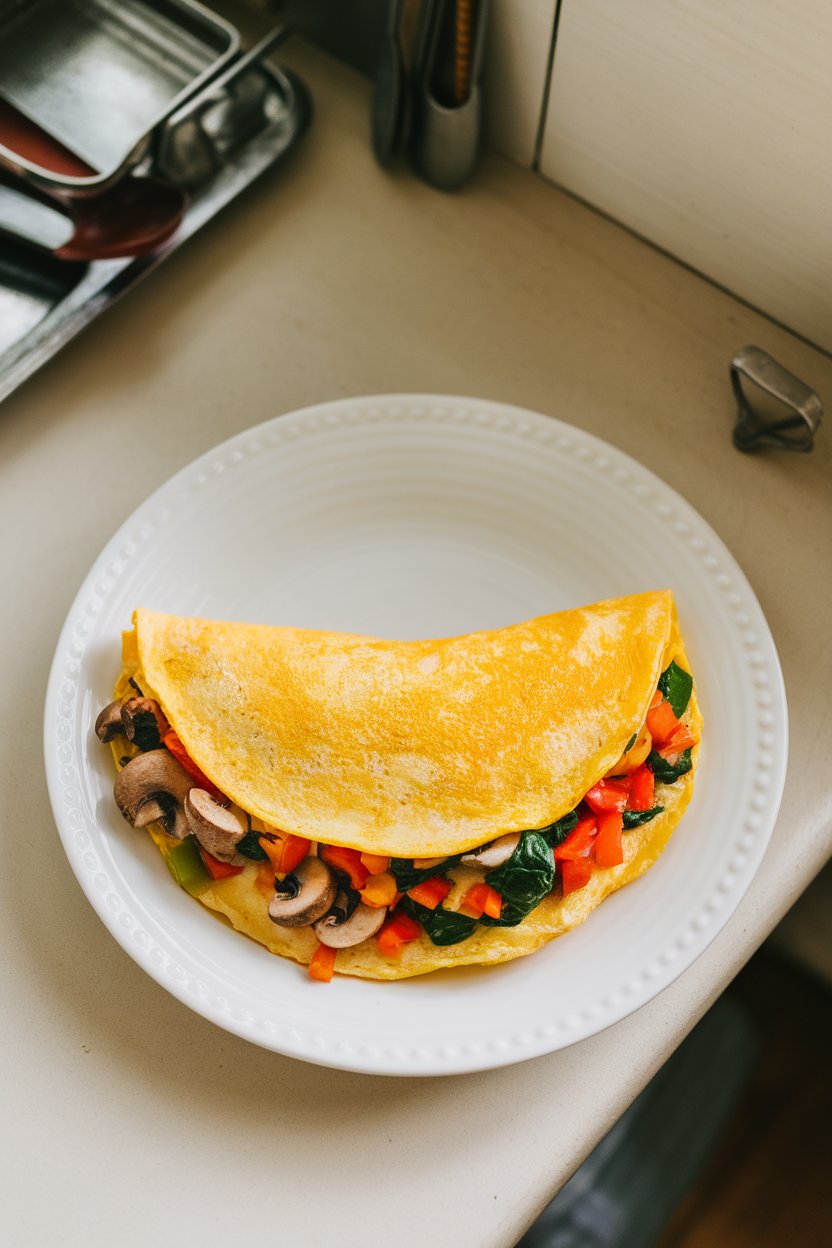 Overhead photo of a fluffy egg-white omelet folded around diced bell peppers, spinach, and mushrooms on a white plate inside a softly lit kitchen. No logos or text visible.