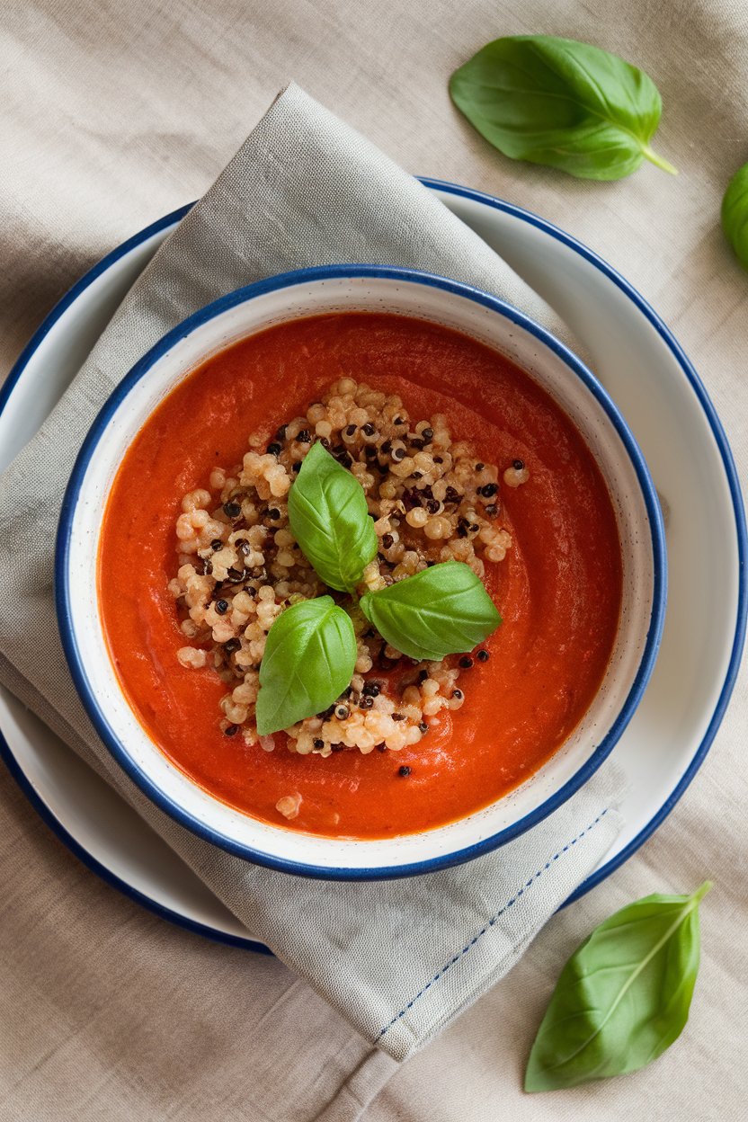 Indoor photo, overhead angle, bowl of tomato soup studded with quinoa grains and fresh basil ribbons, placed on a linen napkin; no text or logos