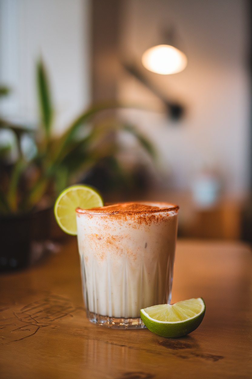 Indoor café table, glass of creamy cinnamon-dusted horchata margarita, strawless, no text or logos.
