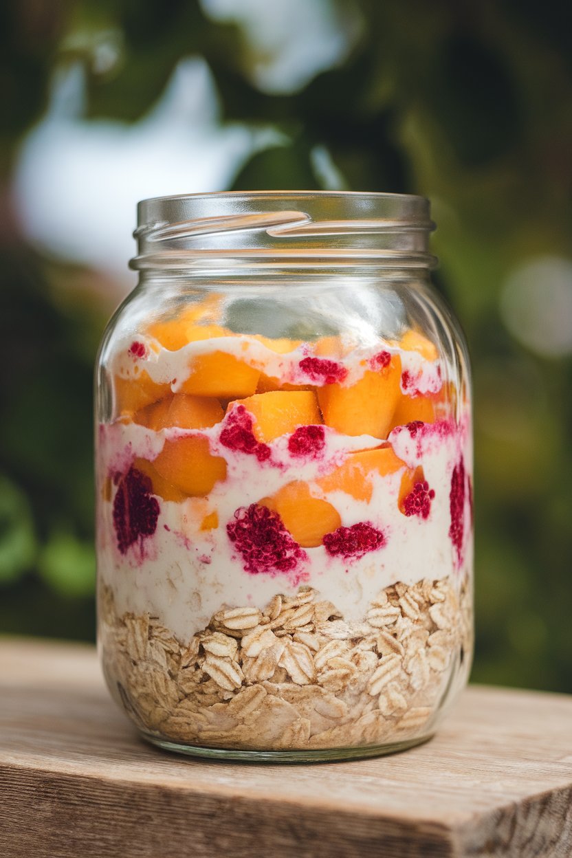 Indoor summertime counter shot of a jar with layers of bright peach chunks and ruby raspberry swirls through creamy oats. No branding. Photo not illustration.