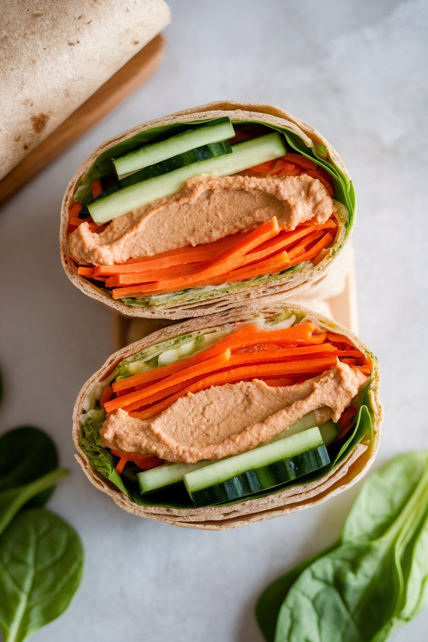 Indoor wrap cut in half to show layers of hummus, shredded carrots, cucumber ribbons, and spinach inside a whole-grain tortilla; bright overhead light; photo, no text or logos.