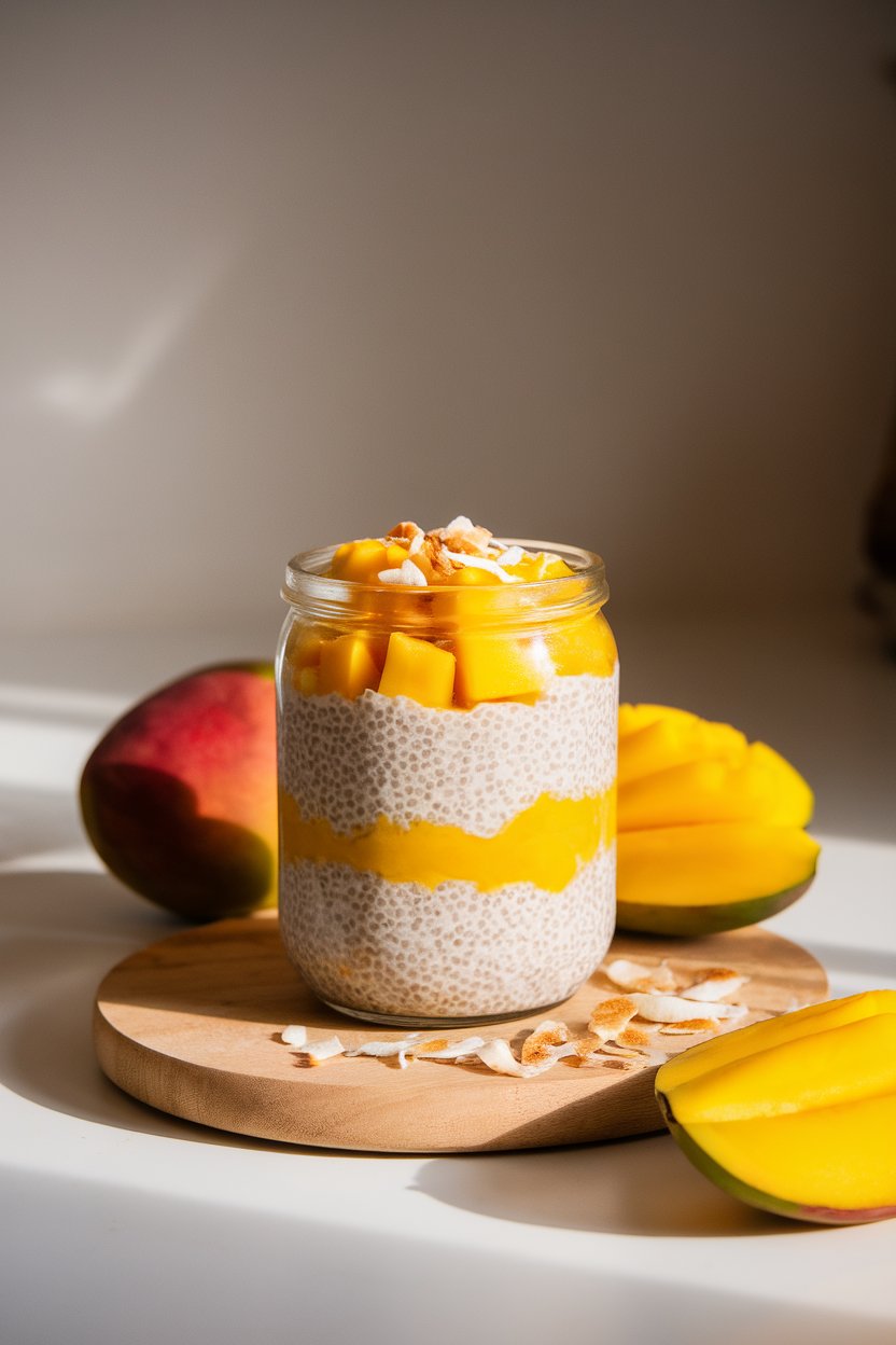 Photo, indoors, softly lit kitchen counter with a glass jar layered with creamy chia pudding, bright mango puree on top, and a sprinkle of toasted coconut flakes. No text or logos anywhere in the scene.