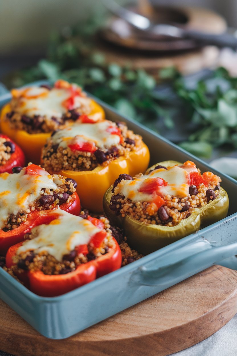 A baking dish indoors featuring colorful bell peppers filled with quinoa, black beans, and diced tomatoes, cheese melted lightly on top. No logos.