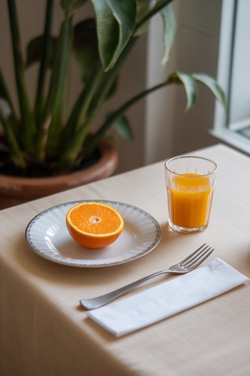 Indoor breakfast table with an orange next to a small untouched glass of orange juice, no brand names.