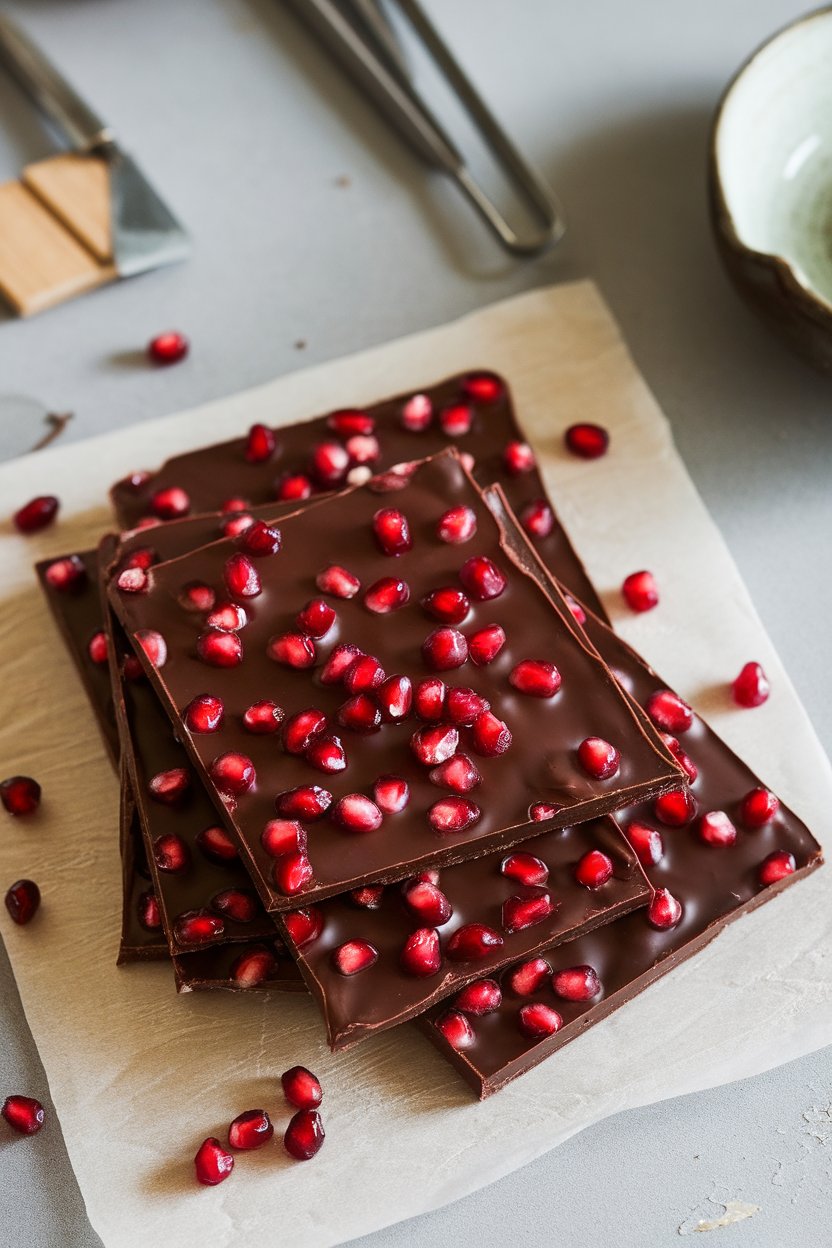 An indoor countertop showing slabs of dark chocolate bark studded with ruby pomegranate arils, photo only, no text or logos.