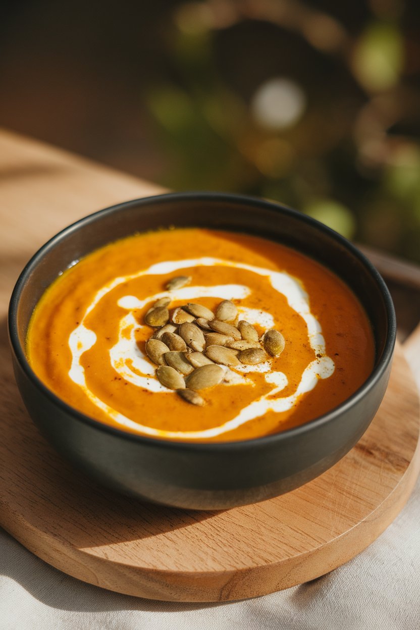 Indoor photo of vibrant orange pumpkin lentil soup in a black bowl, swirl of yogurt and pumpkin seeds on top. No text or logos.