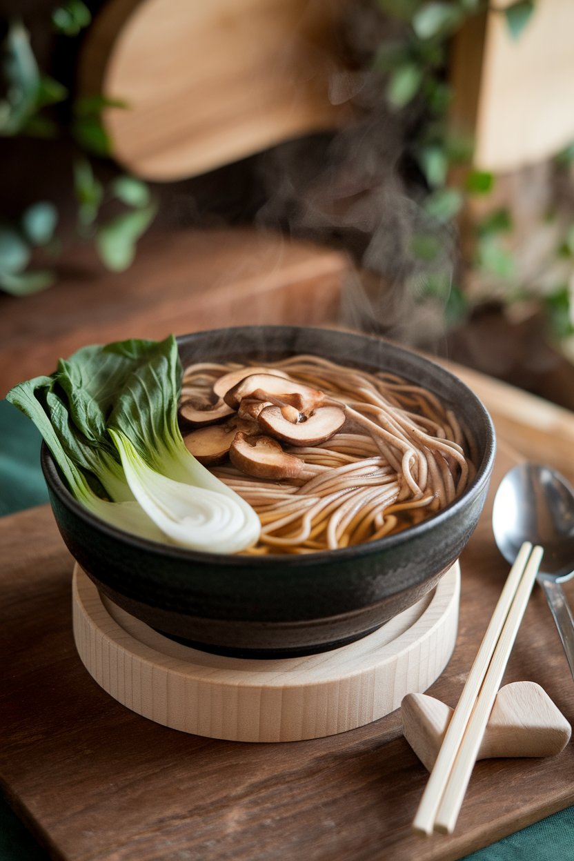 A steaming indoor bowl of broth filled with buckwheat soba, bok choy leaves, and sliced shiitake mushrooms; no text or logos.