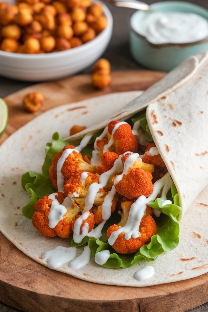 Indoor scene showing a wrap stuffed with roasted buffalo cauliflower florets, lettuce, and a drizzle of yogurt ranch. No text or logos present.