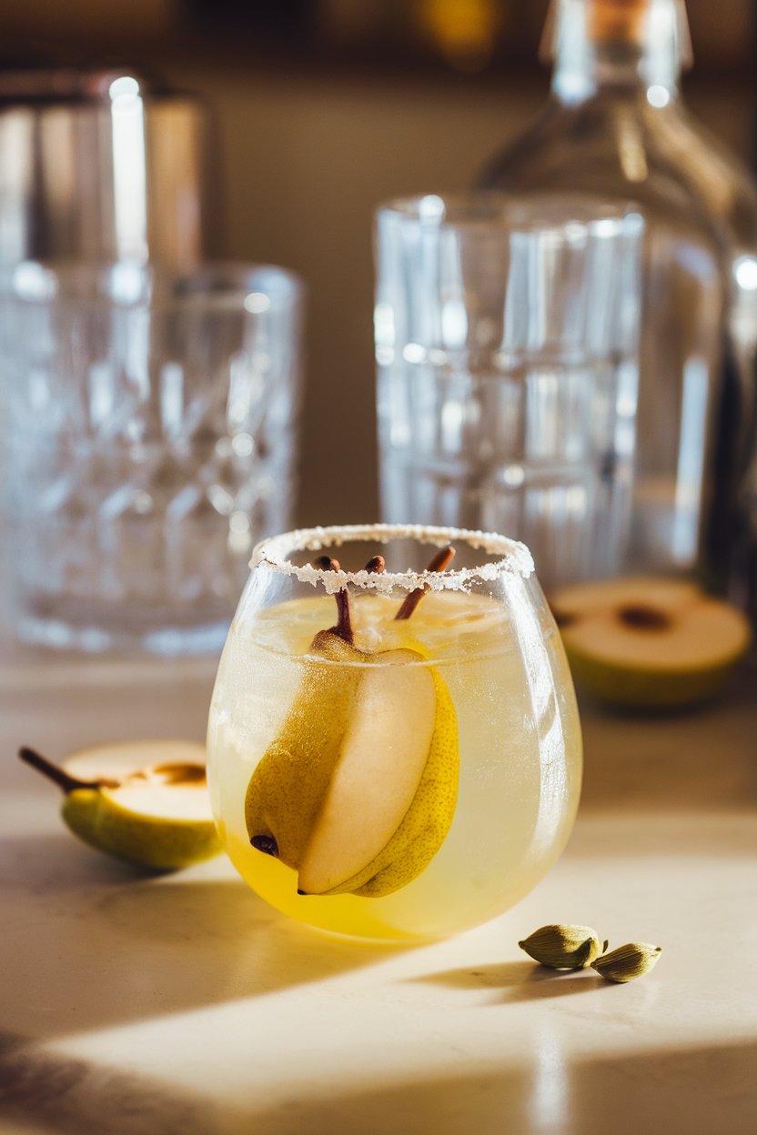 Indoor bar, stemless glass of golden pear margarita, cracked cardamom pods nearby; no text or logos.