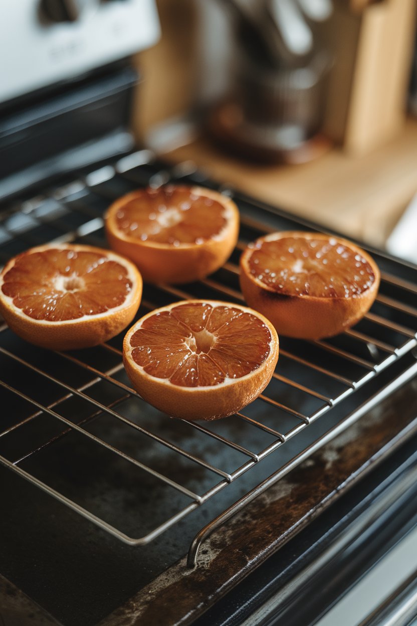 An indoor oven rack with grapefruit halves caramelized on top, photo style, no logos.