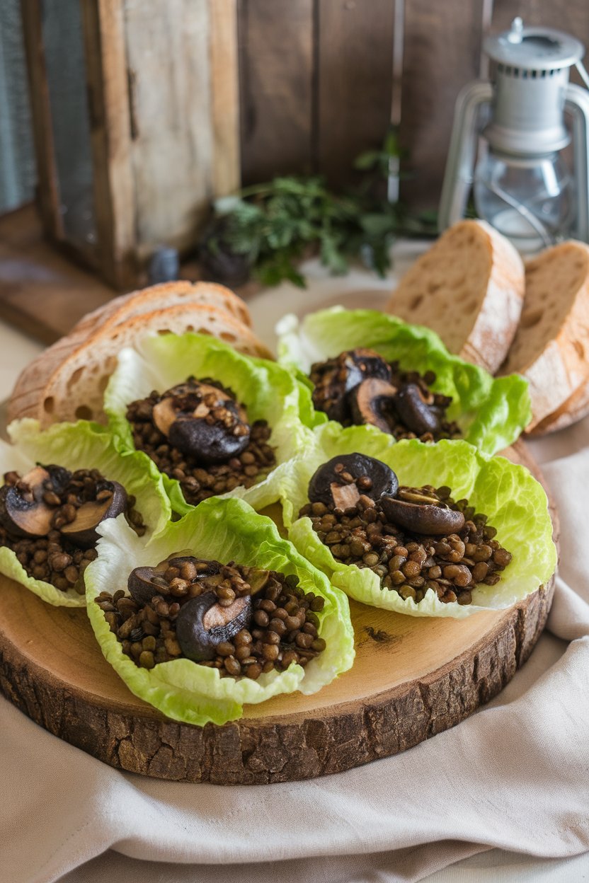 An indoor platter with butter lettuce leaves filled with balsamic-glazed mushrooms and lentils. No text or logos in scene.