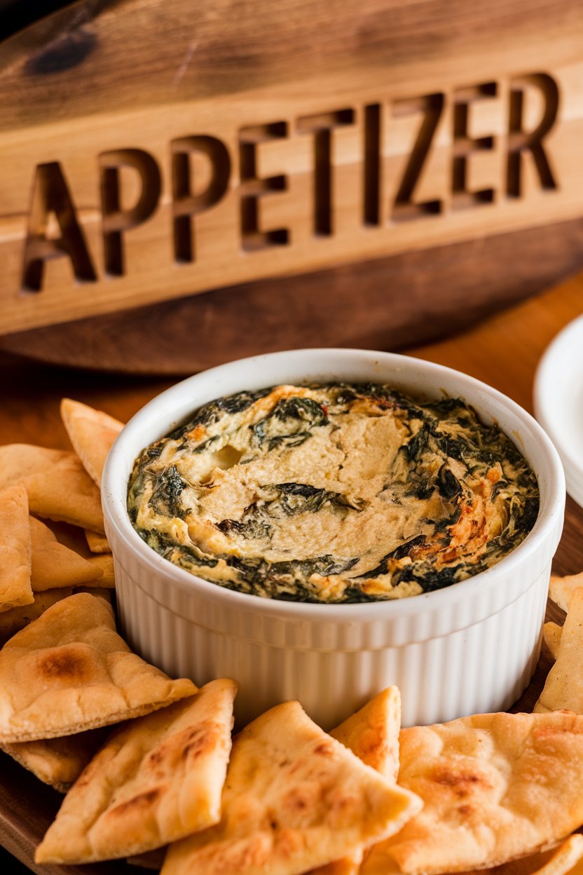 A ramekin indoors with bubbling spinach-artichoke dip, pita chips on the side, no text or logos. Photo.
