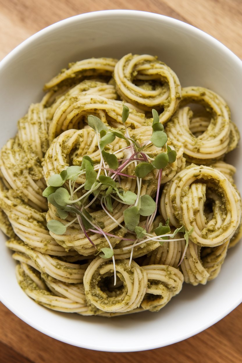 Indoor image of tortiglioni pasta twirled with pesto made from sunflower seeds, topped with microgreens. No text or logos.