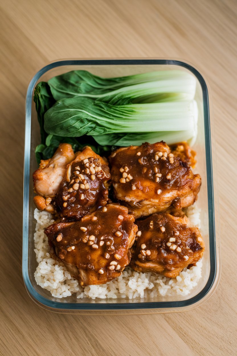 A glass meal-prep container indoors containing baked chicken thighs glazed in miso-ginger sauce, served with steamed bok choy and brown rice. No text or logos.