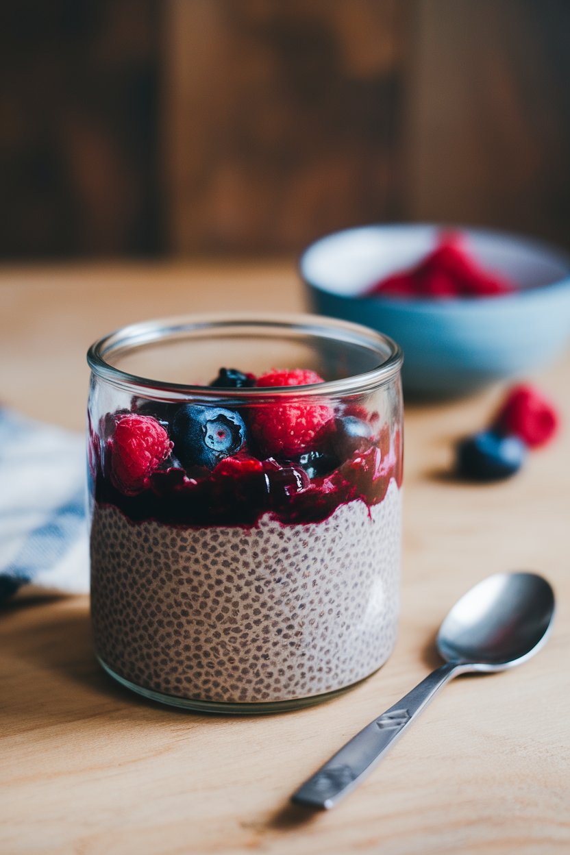 Indoor photo of a glass jar layered with dark chocolate chia pudding and berry compote, spoon nearby, no logos.