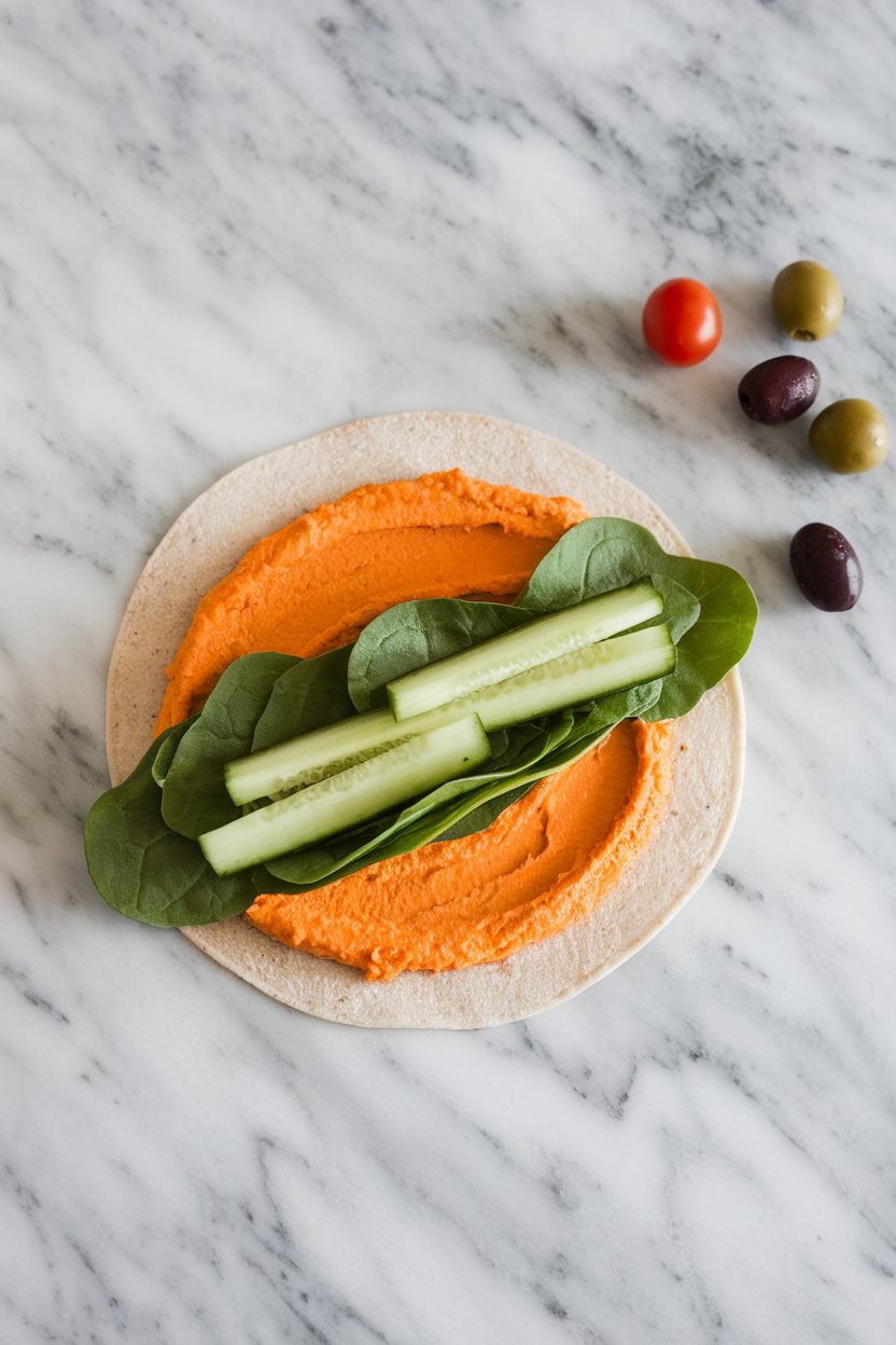 Indoor countertop with a wrap layered in orange carrot-ginger hummus, cucumber strips, and spinach. No logos anywhere.
