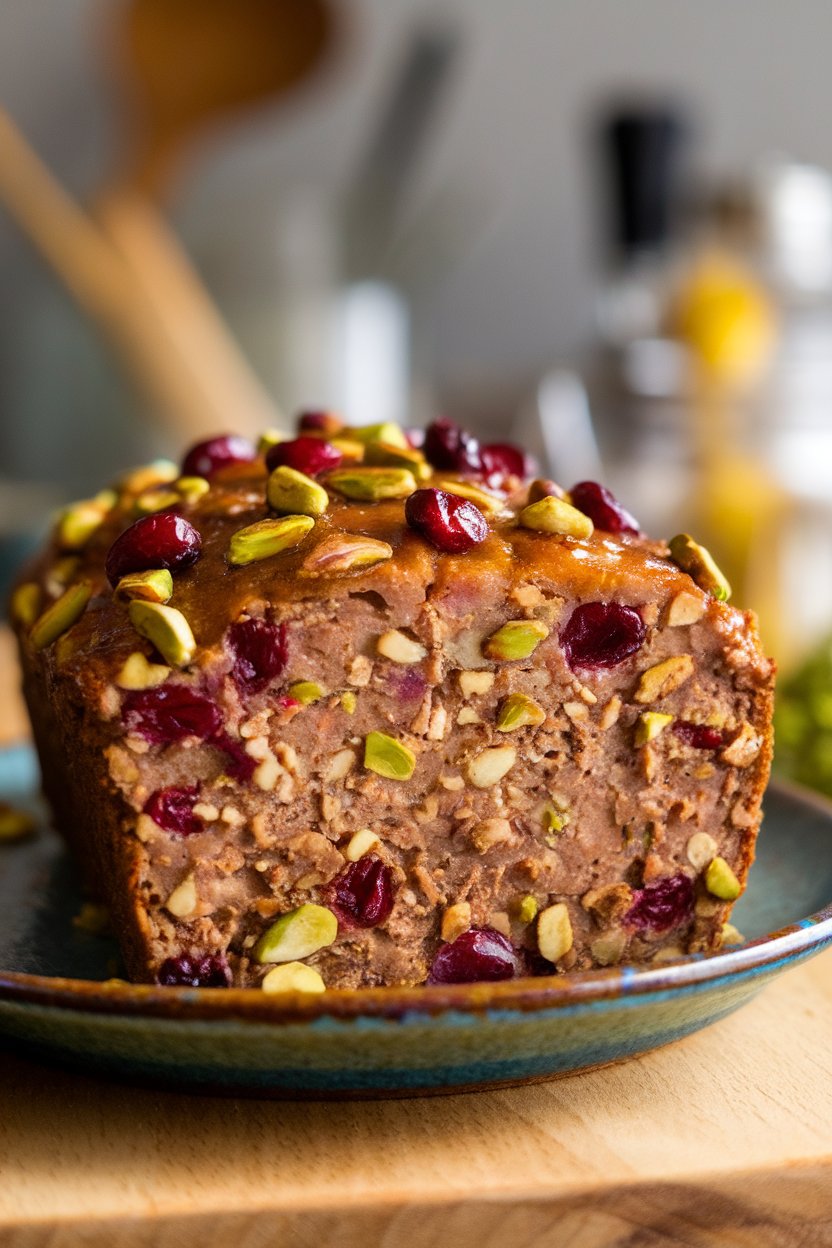 A loaf slice of nut roast on a ceramic plate indoors, dotted with cranberries and pistachios, glaze glistening—no logos or text. Photo.