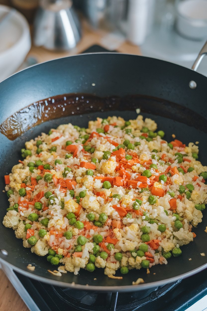 An indoor wok containing colorful cauliflower rice with peas, carrots, and scrambled egg bits, soy sauce sheen visible. No branding or text. Photo.