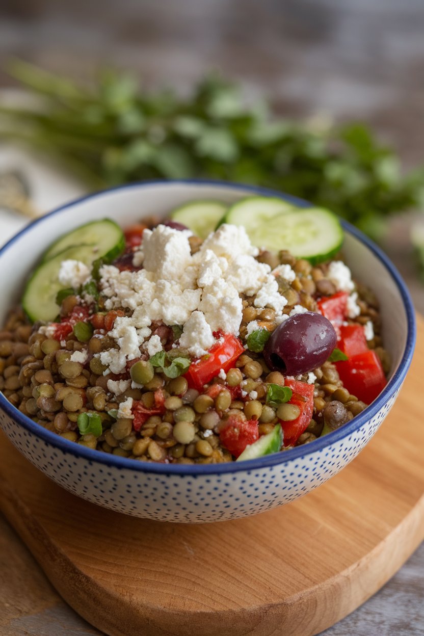 Indoor bowl of lentil salad with cucumbers, tomatoes, olives, and feta crumble—no text or logos.