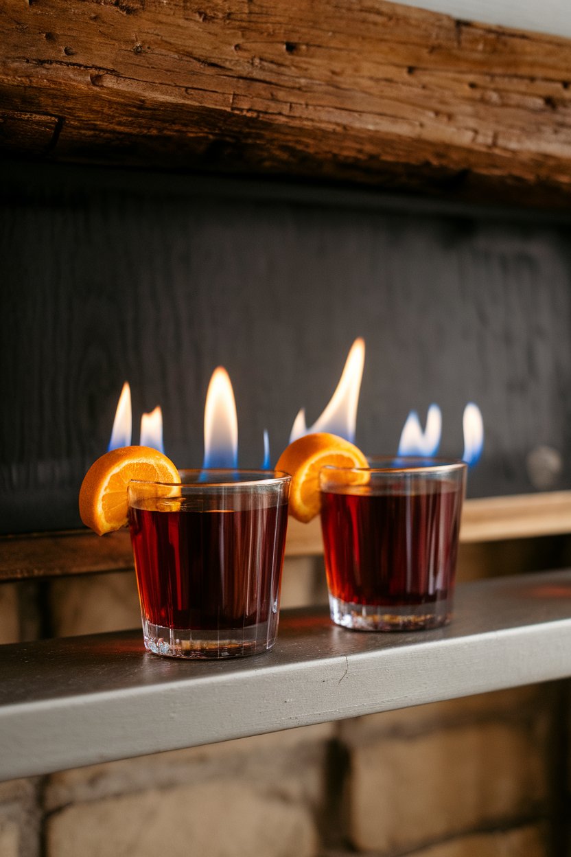 Indoor fireplace mantel with a coupe of deep amber Manhattan, flamed orange peel resting on rim. No text or logos anywhere.