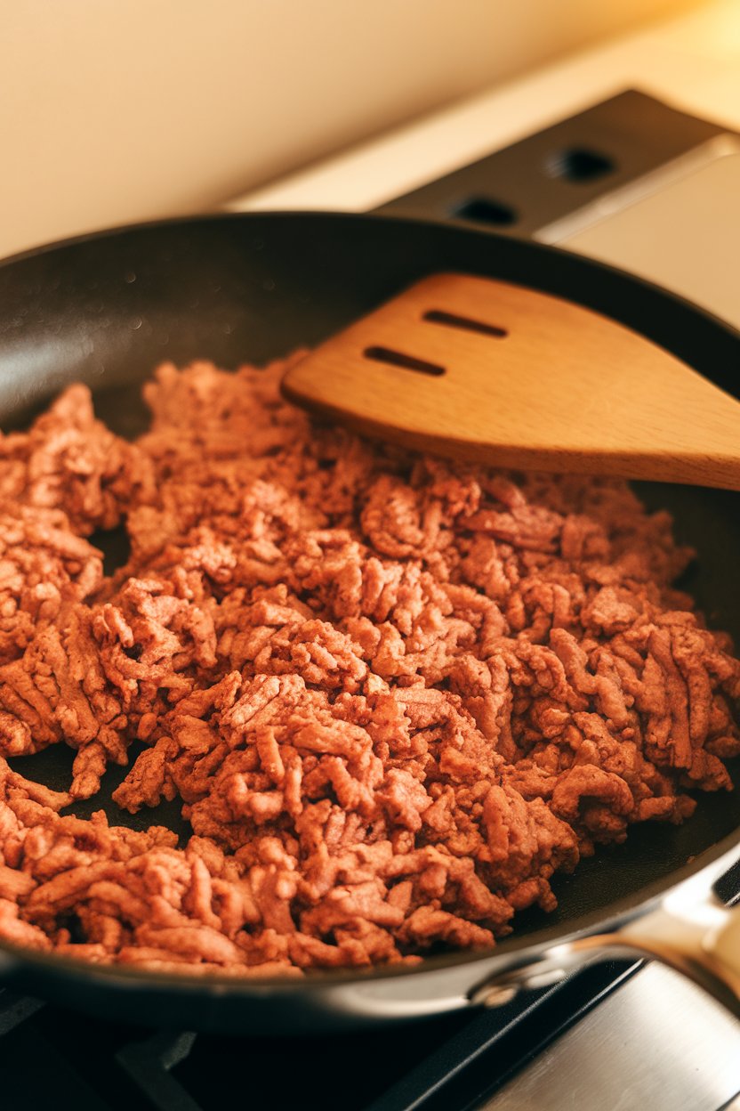 Indoor photo of sizzling browned ground turkey in a nonstick skillet, wooden spatula resting on edge, no text or logos