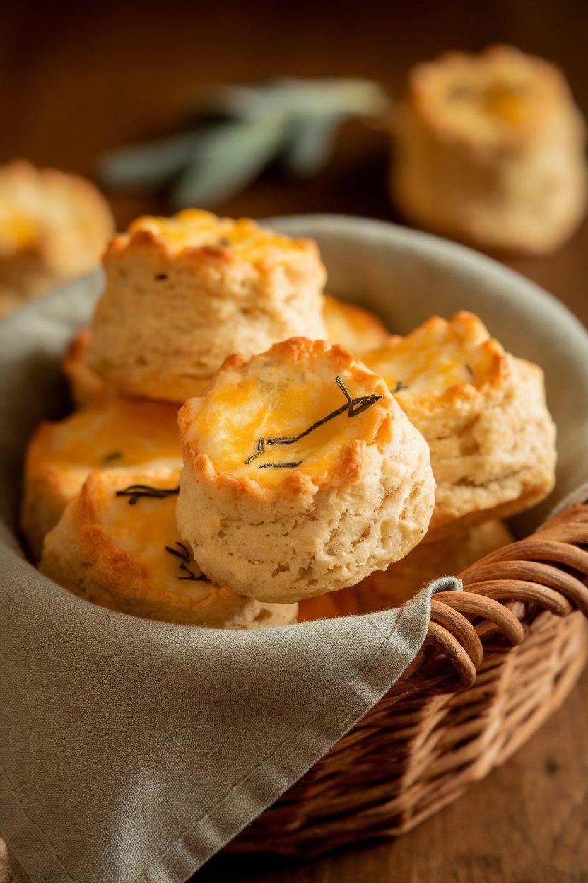 A basket lined with a linen napkin holding flaky mini biscuits showing melted cheddar pockets and flecks of sage. Indoor light, no text or logos.