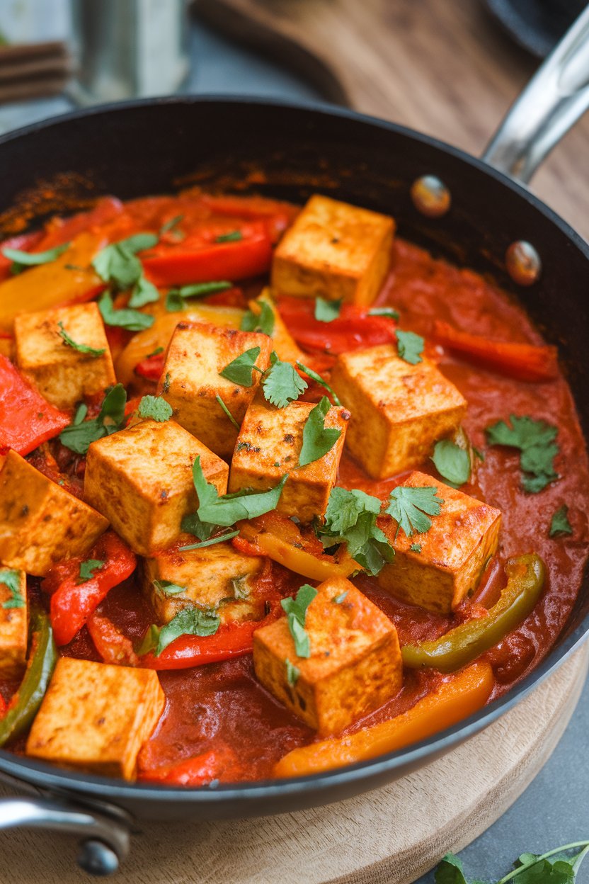 An indoor skillet view of cubed tofu tossed with bell peppers and onions in a bright red masala, garnished with coriander. No text or logos. Photo, not illustration.