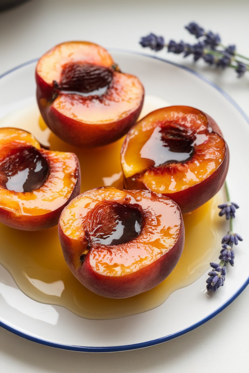 Indoor photo of halved peaches roasted with lavender-infused honey, served on a small dessert plate. No text or logos.