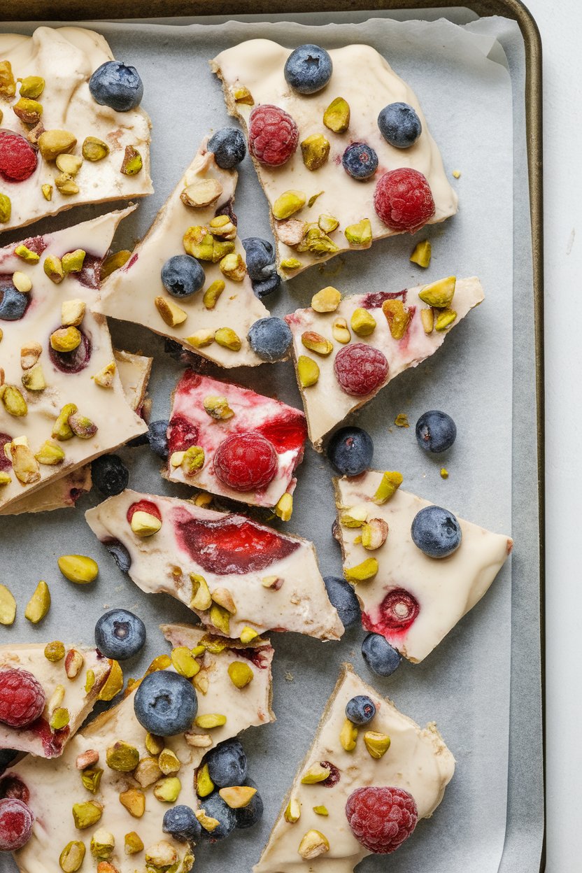 Photo of broken pieces of frozen yogurt bark studded with berries and chopped pistachios on an indoor parchment-lined tray. No text or logos.