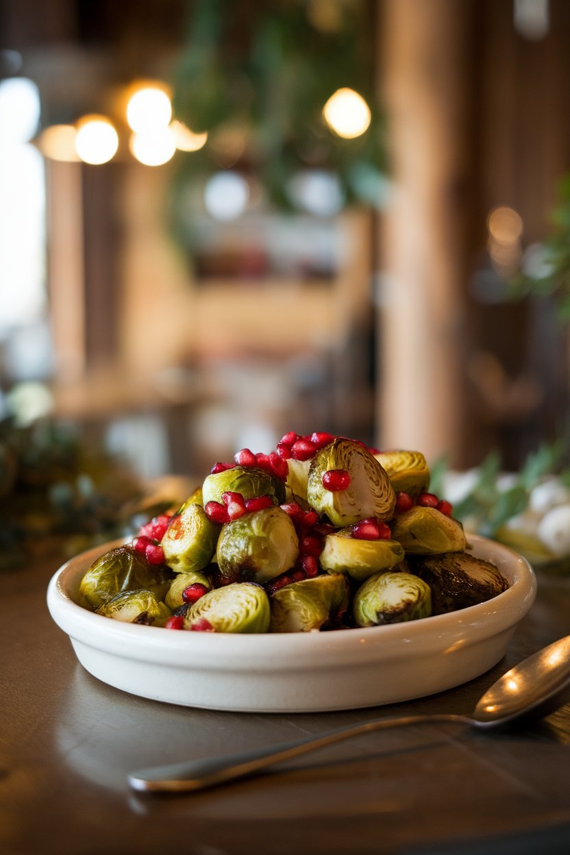 A warmly lit indoor dining table showcasing a white ceramic platter of cooked Brussels sprouts, lightly charred and dotted with bright pomegranate arils, a serving spoon resting nearby. Photo, no text or logos.