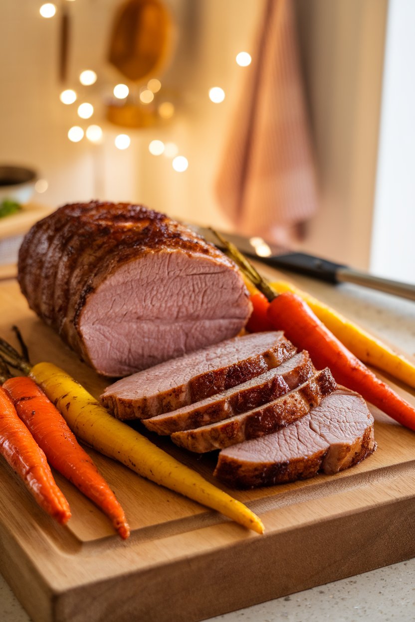 An indoor carving board holding sliced pork tenderloin and glazed roasted rainbow carrots; warm indoor light, no branding.