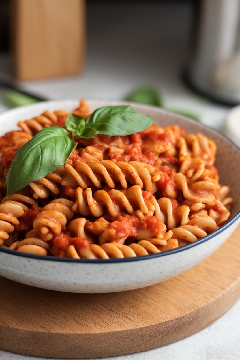 Indoor photo of a bowl of red lentil rotini tossed in tomato basil sauce, garnished with fresh basil leaves. No text or branding.