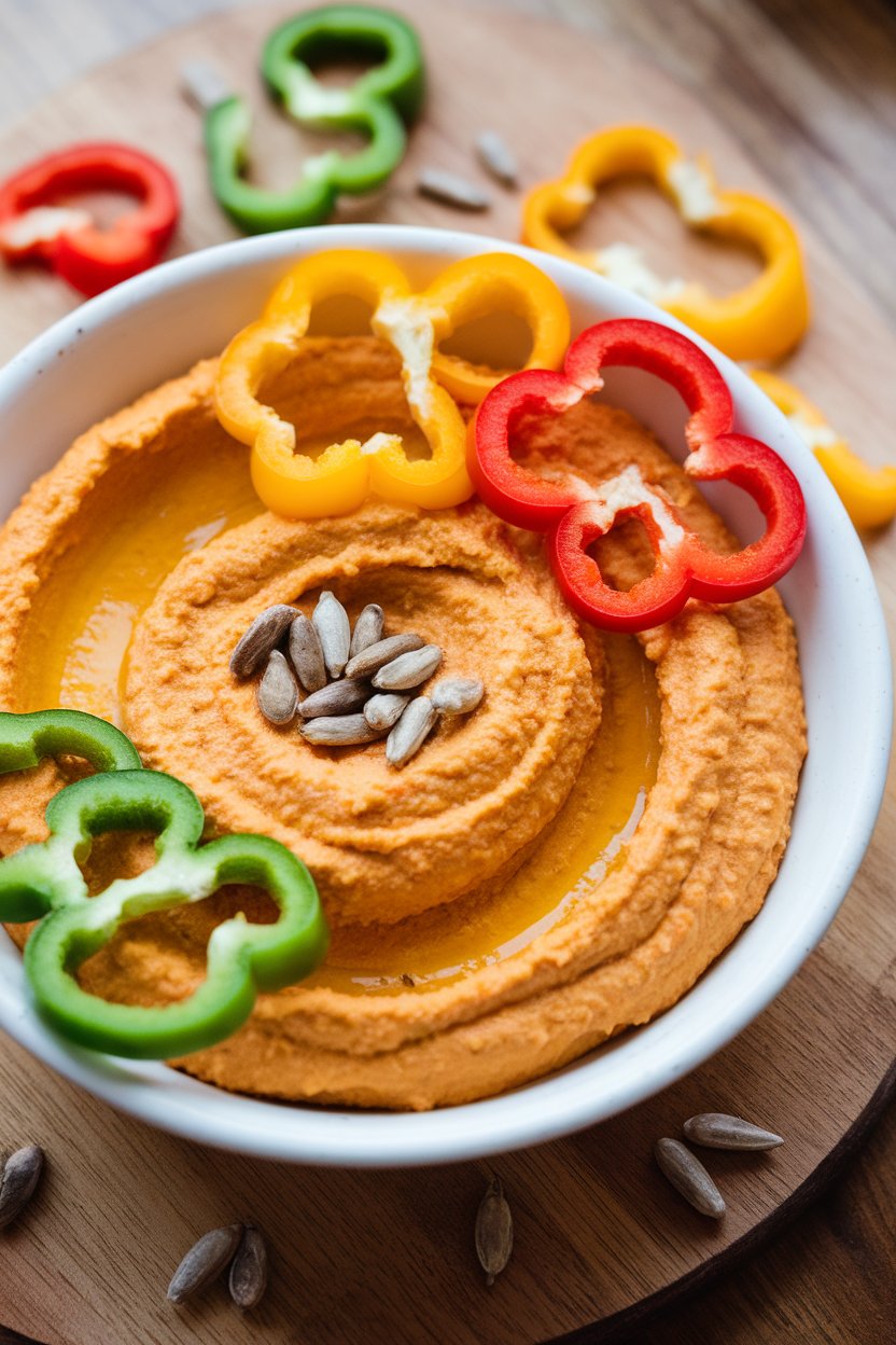 An indoor bowl of sunflower seed hummus with sliced bell peppers; no text or logos. Photo.