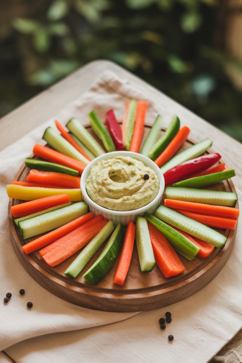 Indoor photo of colorful carrot, cucumber, and bell pepper sticks surrounding a small bowl of smooth avocado dip; no text or logos.
