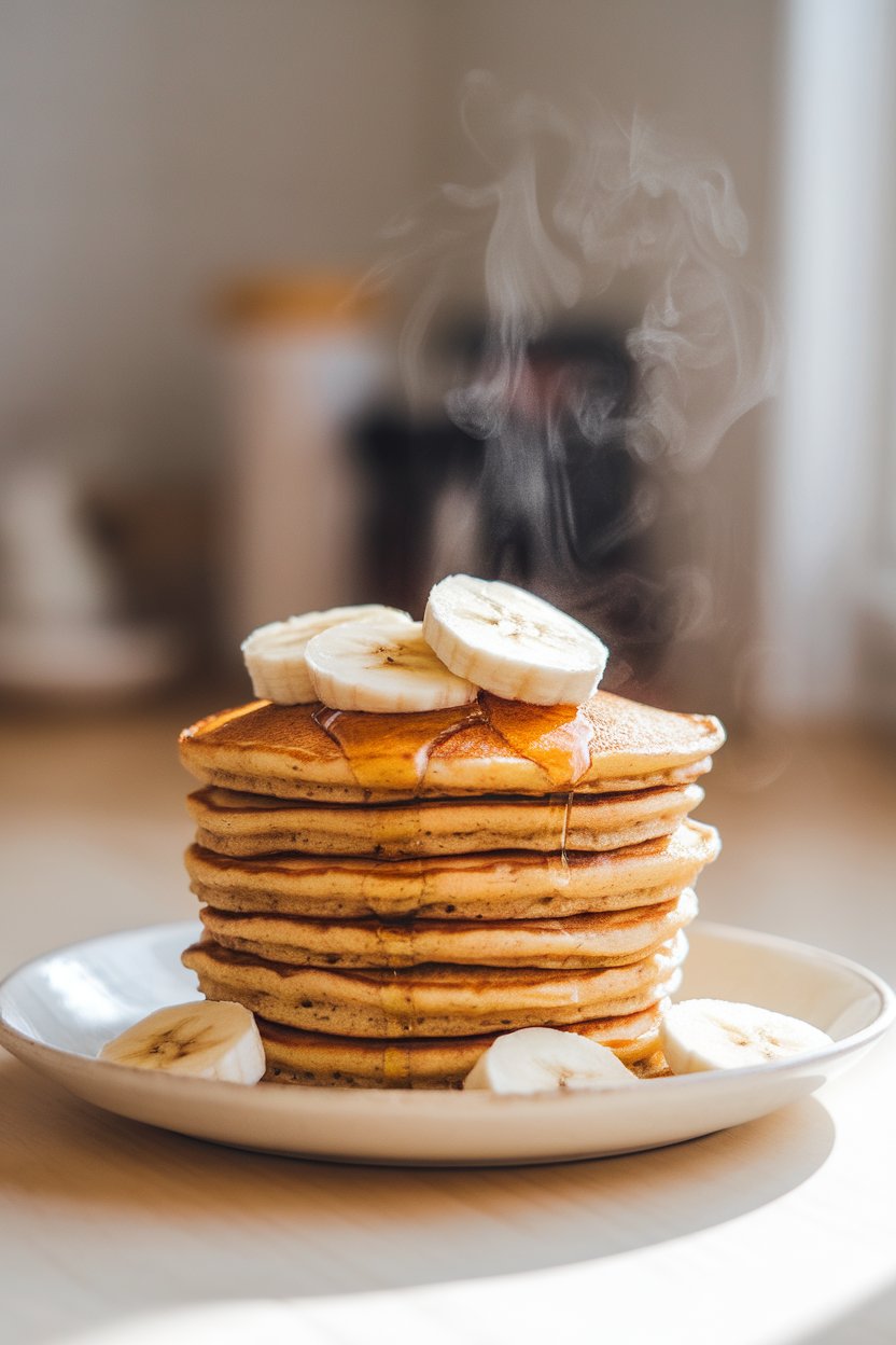 A softly lit indoor kitchen counter with a tidy stack of golden banana-oat pancakes topped with sliced bananas and a drizzle of pure maple syrup. Steam rises gently; no text or logos in sight. Photo, not illustration.