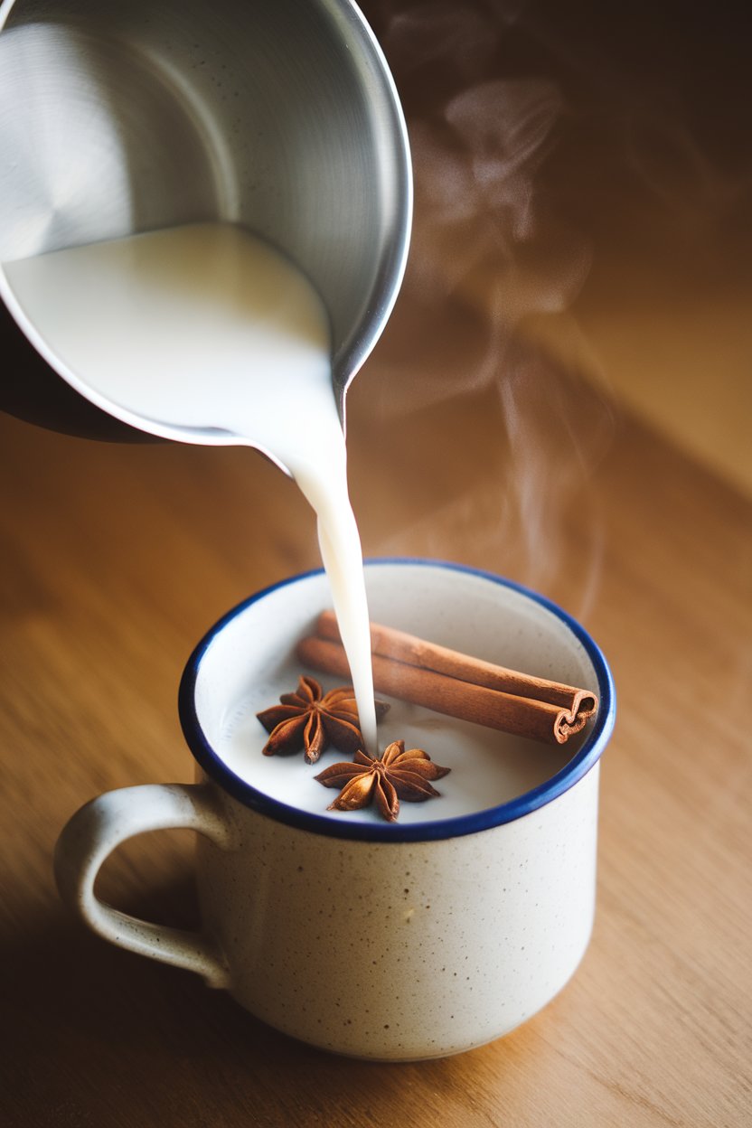 Indoor evening photo of a small saucepan pouring steaming almond milk infused with cinnamon sticks and star anise into a mug. No text or logos.