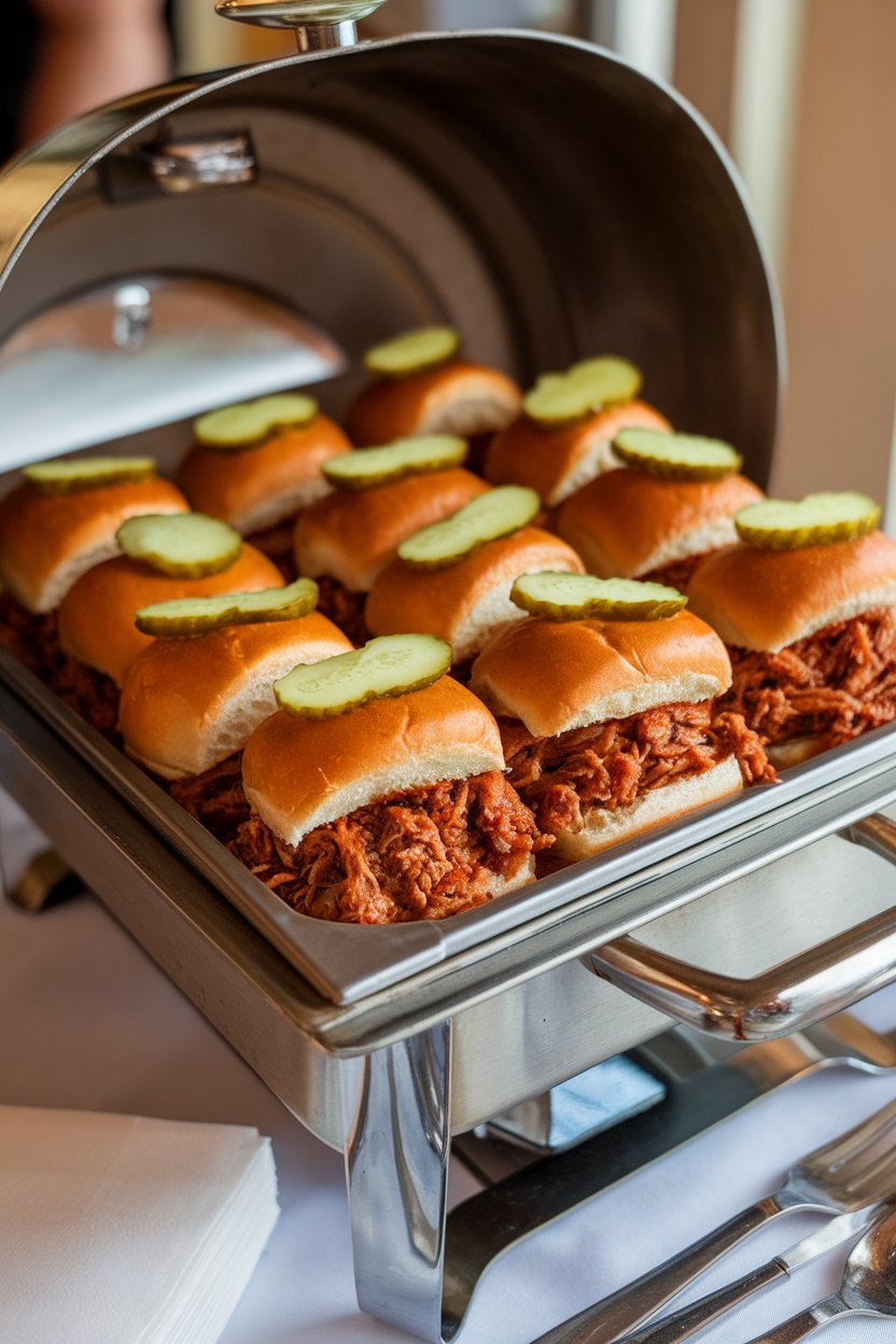 Indoor chafing dish with mini buns stuffed with saucy pulled pork, pickle chips on top. No text or logos. Photo only.