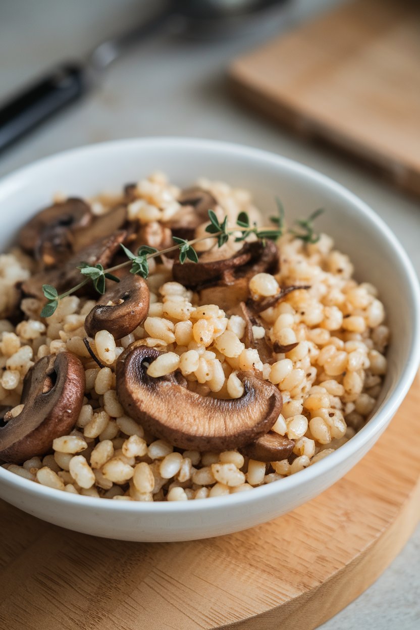 Indoor bowl of pearled barley mixed with sautéed mushrooms, thyme sprigs on top. No text or logos.