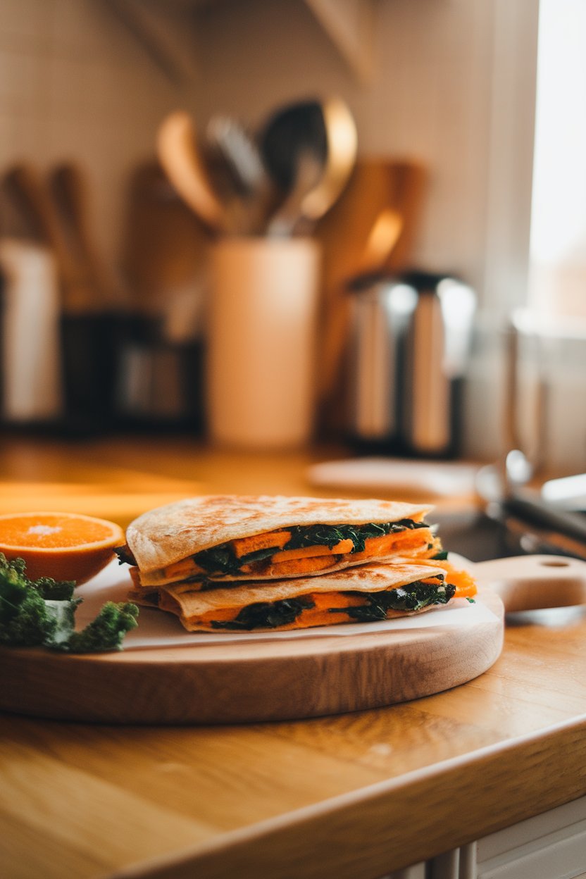 Warmly lit kitchen island, a sweet potato and kale quesadilla with orange and green layers, photo, no text or logos.